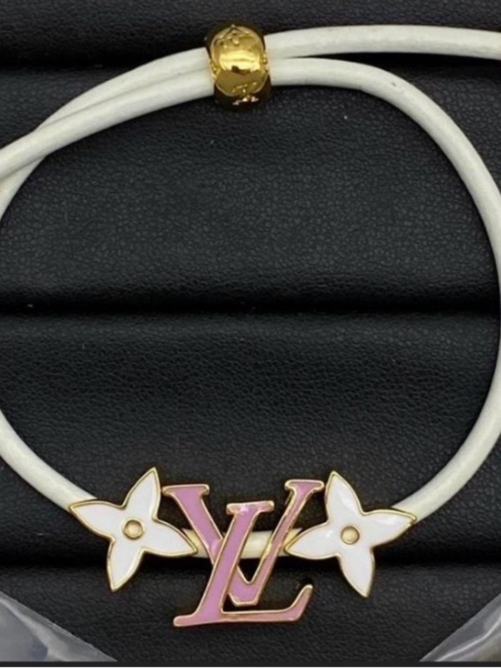Pink LV Flower White Cord Adjustable Bracelet